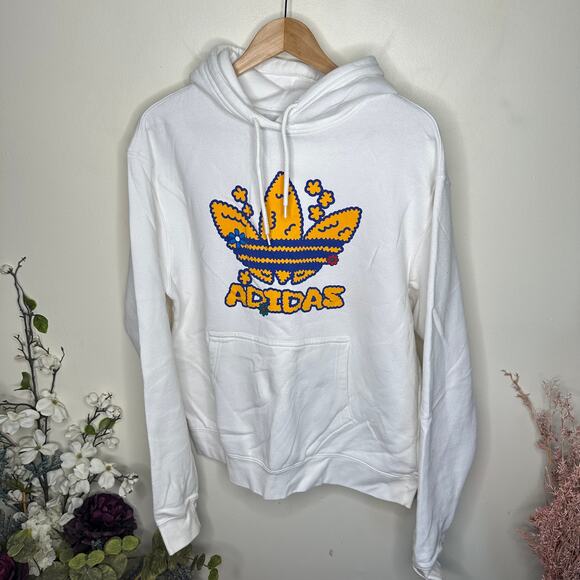ADIDAS Flower Puff Fleece Pullover Hoodie White Yellow Blue Sz M {GG35} - Picture 2 of 5
